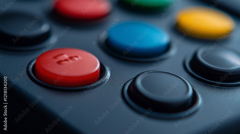 Red button pressed on control panel; close-up, technology, blurred background Red button pressed on control panel; close-up, technology, blurred background