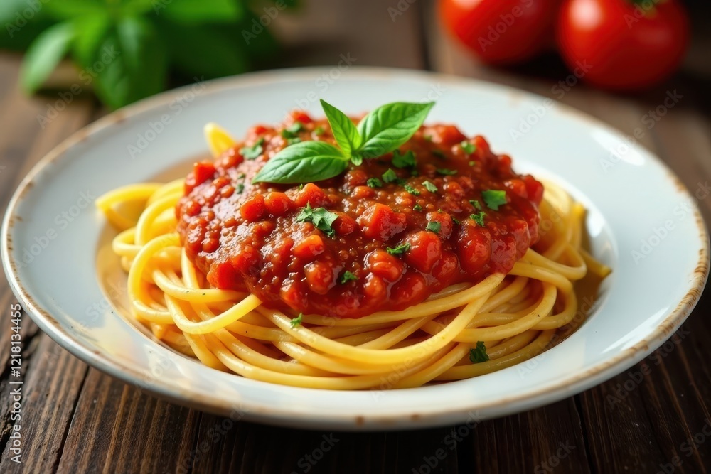 Classic spaghetti with rich tomato sauce, herbs , pepper, Mediterranean, spaghetti noodles Classic spaghetti with rich tomato sauce, herbs , pepper, Mediterranean, spaghetti noodles