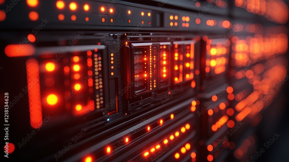 Illuminated Data Center: Server Rack with Red Lights Illuminated Data Center: Server Rack with Red Lights