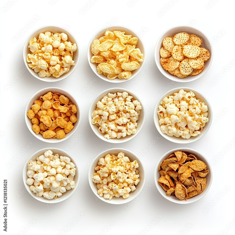 Nine bowls of popcorn and snacks, overhead view, white background, food photography, website banner Nine bowls of popcorn and snacks, overhead view, white background, food photography, website banner