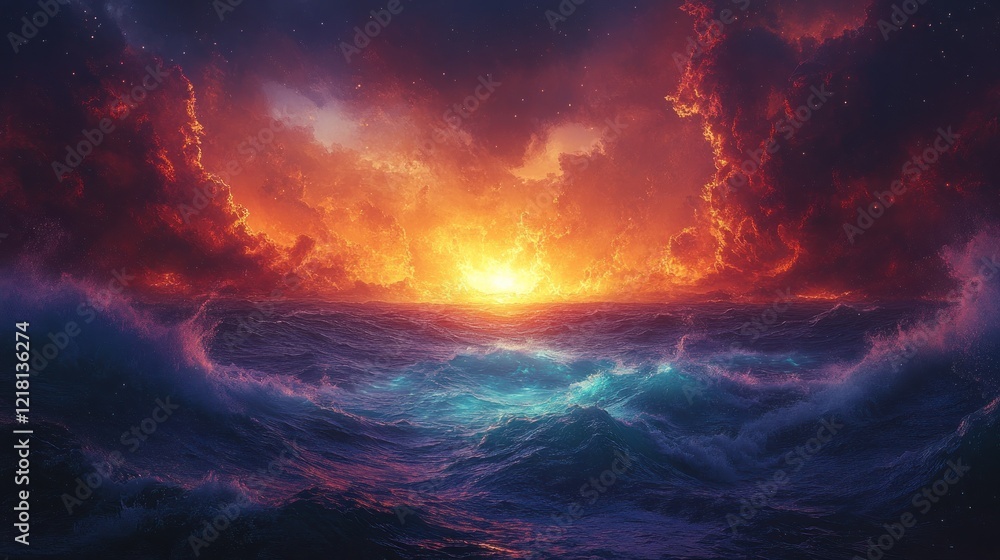 Obraz premium Fiery sunset over dramatic ocean waves.