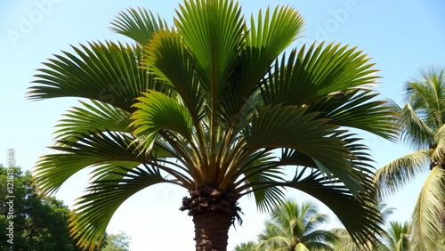 A fan palm tree with wide, rounded, fan-shaped leaves spreading out from a slender trunk, creating a tranquil tropical atmosphere with deep green foliage and shade. photo