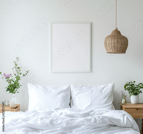 30 x 45 cm blank poster frame in the middle of an elegant bedroom, white walls, wooden bedside table, and straw lamp shade, boho style with plants, white linen bed sheet, minimalist interior  photo