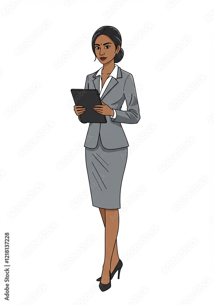Confident Businesswoman Holding Tablet Professional Woman in Grey Suit Corporate Portrait Confident Businesswoman Holding Tablet Professional Woman in Grey Suit Corporate Portrait