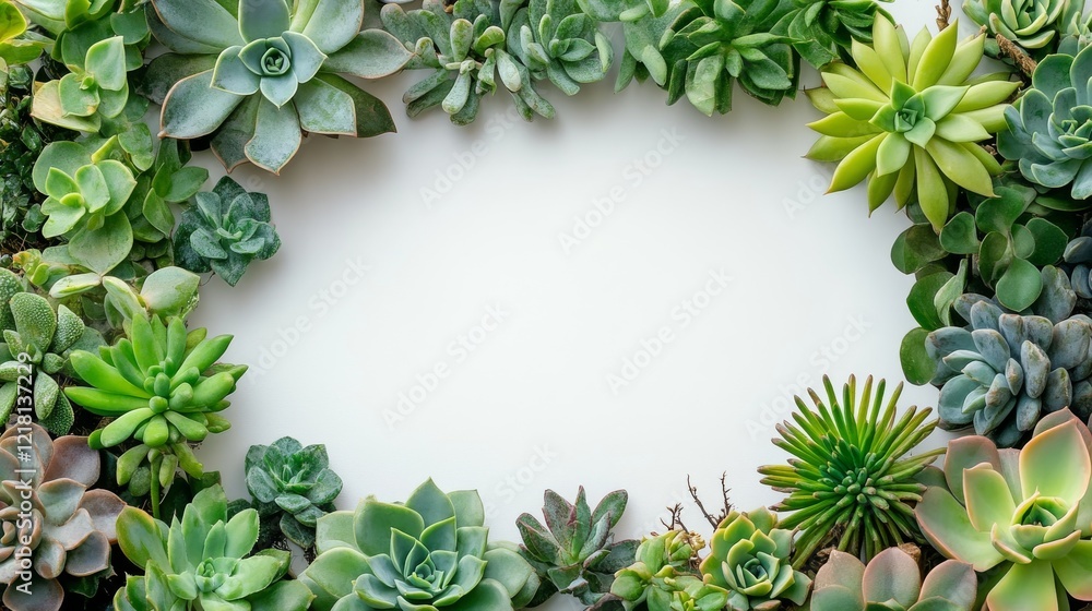 A border of various succulent plants surrounds a white space A border of various succulent plants surrounds a white space