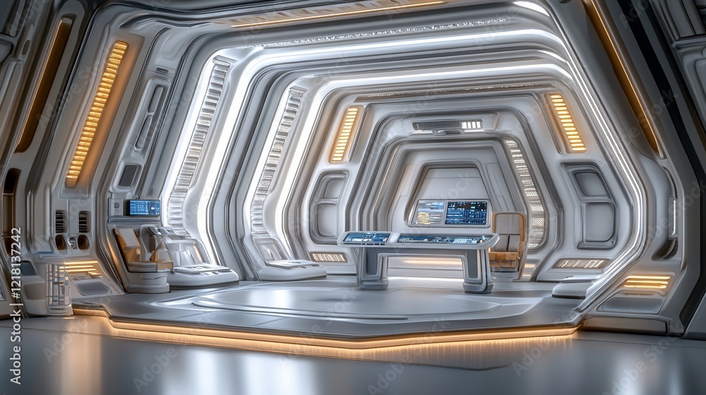 Obraz premium Futuristic spaceship bridge interior, glowing, control panel, screens, background