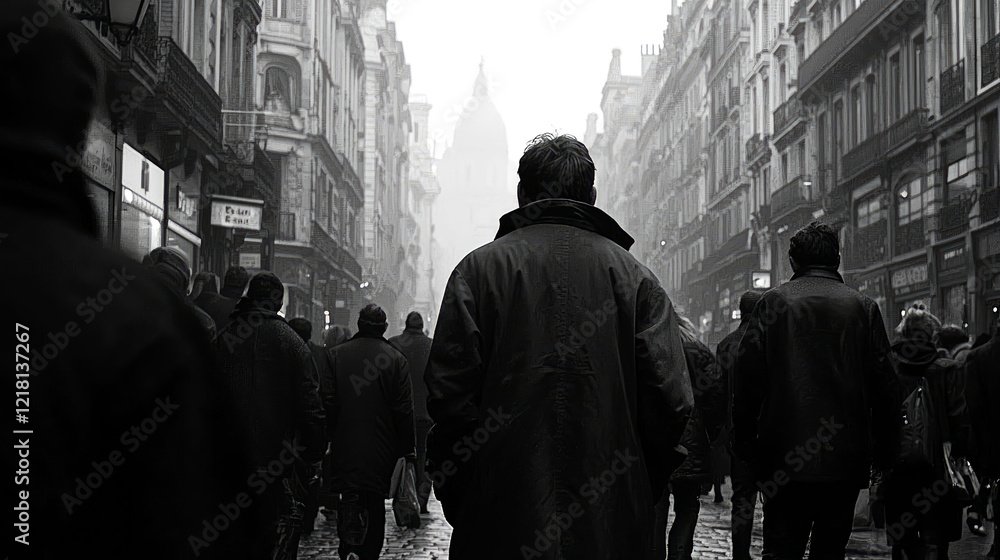Naklejka premium A solitary figure strolls through a misty European city, surrounded by an anonymous crowd. The urban landscape creates a moody, atmospheric scene.
