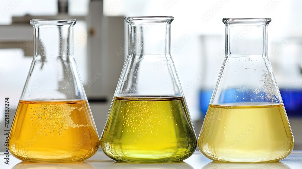Lab glassware with liquids, science experiment, research Lab glassware with liquids, science experiment, research