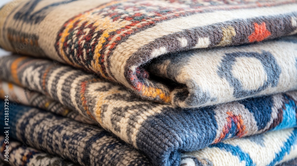 Fototapeta premium Stacked woven blankets, shop display, textile patterns, cozy home decor