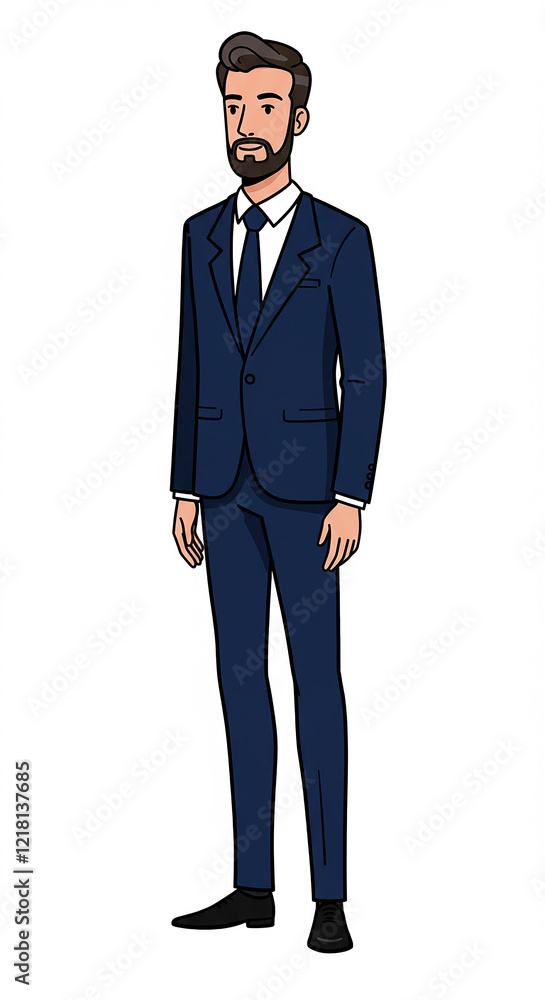 Obraz premium Professional Man in Navy Blue Suit Standing Pose Cartoon Illustration