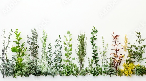 Diverse greenery arranged against white background, studio shot, botanical illustration, website header