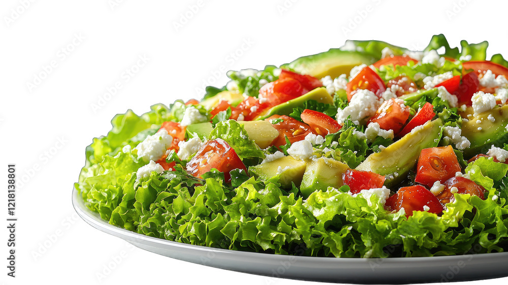 Fresh salad with feta, avocado, tomato on plate, dark background, for menus Fresh salad with feta, avocado, tomato on plate, dark background, for menus