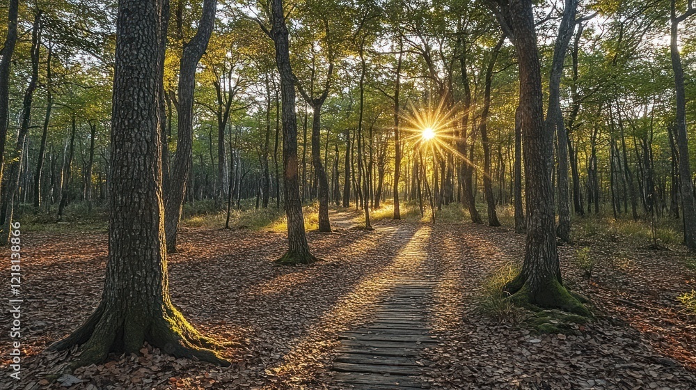 Obraz premium Sun rays stream through autumn forest trees illuminating a wooden path.