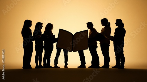 Choir singing from large book, studio, golden backdrop, music performance photo