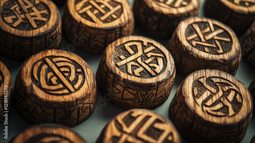 Carved wooden game pieces on grey background, close-up shot, Asian script, tabletop game photo