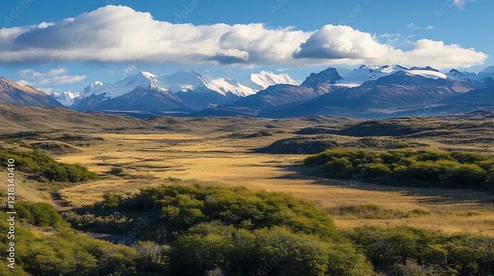 A panoramic view of majestic mountains and lush valleys under a bright blue sky. A panoramic view of majestic mountains and lush valleys under a bright blue sky.