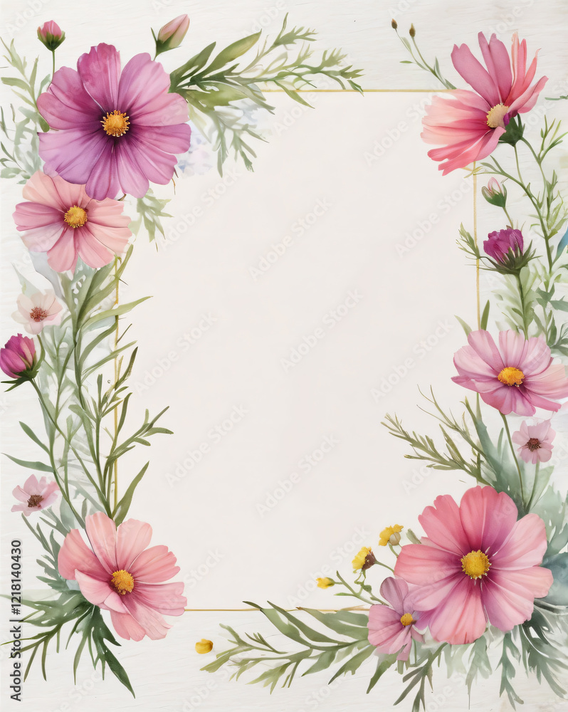 Fototapeta premium A blank wedding invitation adorned with a watercolor floral frame