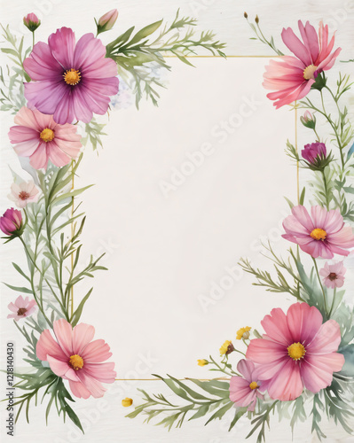 A blank wedding invitation adorned with a watercolor floral frame