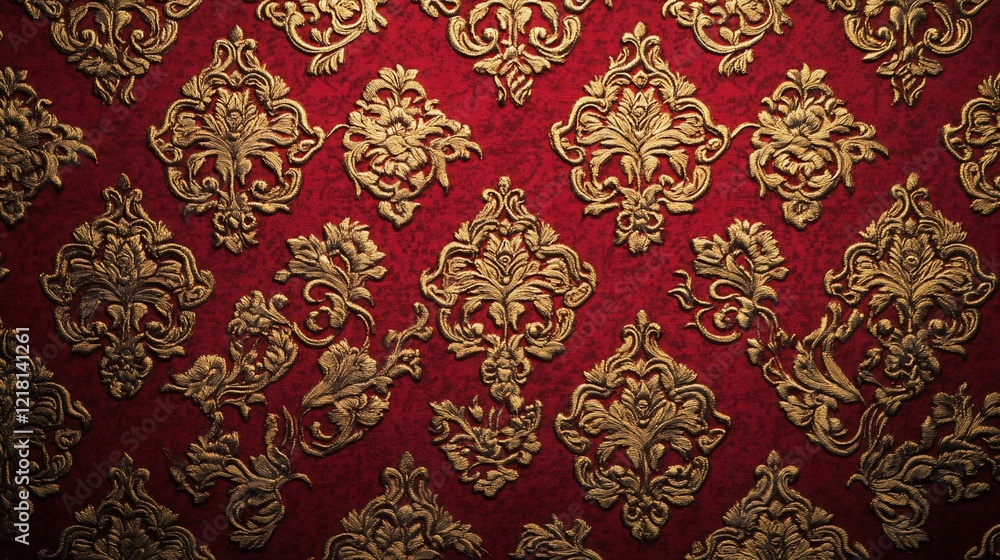 Luxurious Red Fabric with Ornate Gold Patterning for Elegant Designs Luxurious Red Fabric with Ornate Gold Patterning for Elegant Designs