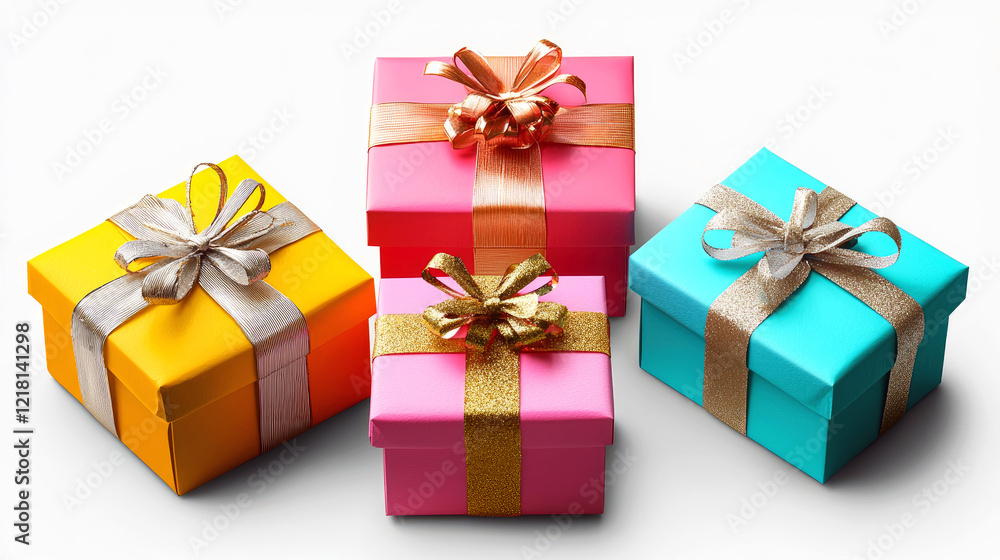 Fototapeta premium Colorful Gift Boxes: A Collection of Beautifully Wrapped Presents for Holidays and Celebrations