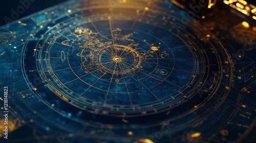 Celestial map hologram on dark table, futuristic background, science fiction