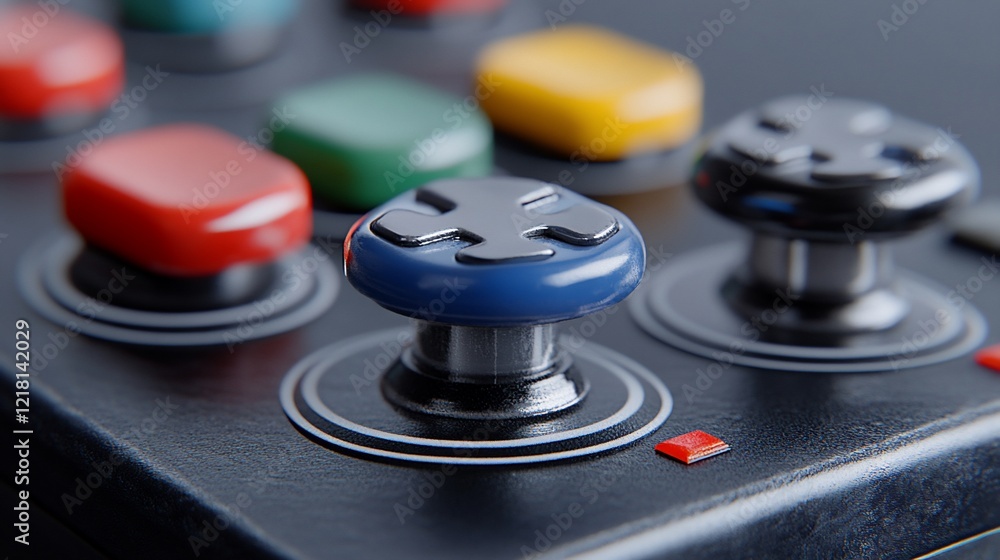 Close-up blue joystick button on dark controller, gaming background, website design