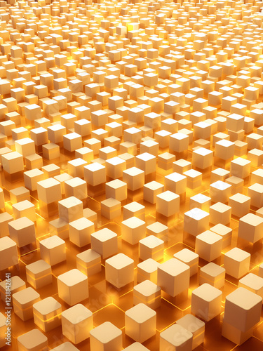 Background 3D with cubes waves field, gold and white abstract technology design, fantastic sea of neon glowing hexahedron pattern, 3D render illustration background. photo