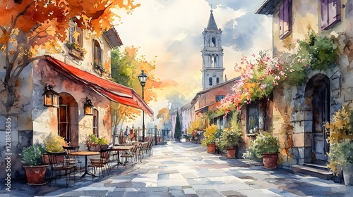 Fototapeta Naklejka Na Ścianę i Meble -  watercolor painting a café terrasse in Italian city in spring, Generative AI 