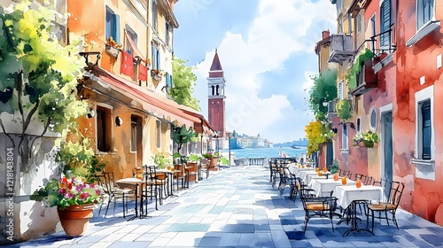 Fototapeta Naklejka Na Ścianę i Meble -  watercolor painting a café terrasse in Italian city in spring, Generative AI 
