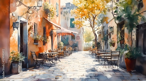 Fototapeta Naklejka Na Ścianę i Meble -  watercolor painting a café terrasse in Italian city in spring, Generative AI 