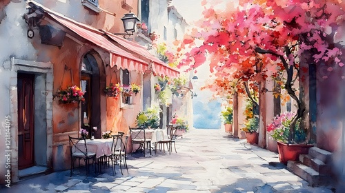 Fototapeta Naklejka Na Ścianę i Meble -  watercolor painting a café terrasse in Italian city in spring, Generative AI 