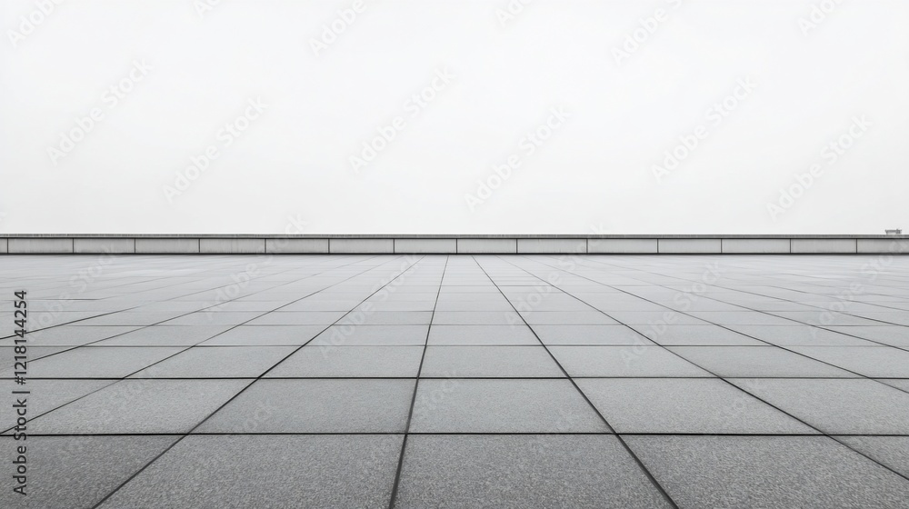 Fototapeta premium Empty urban rooftop, overcast sky, tiled floor, minimalist design, advertisement backdrop