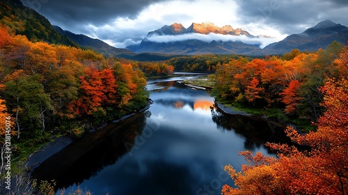 Wallpaper Mural Autumnal river reflecting mountains, vibrant foliage Torontodigital.ca