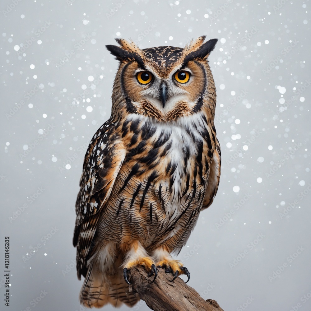 Obraz premium A magical owl with stars and constellations shimmering across its wings on a white background.