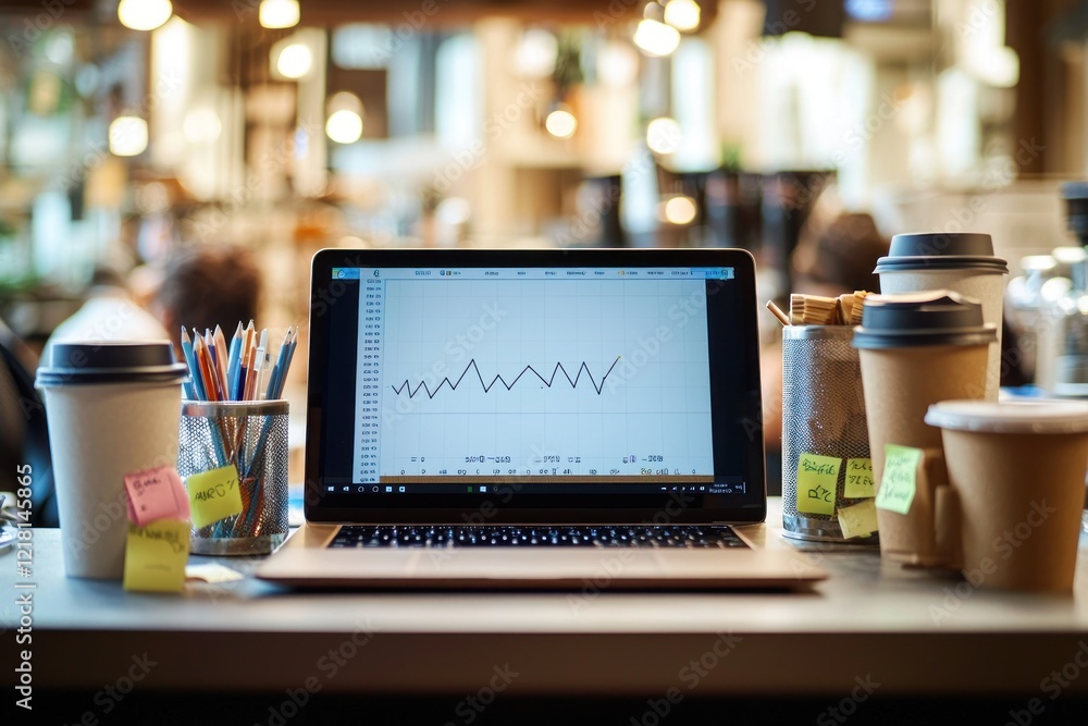 A single-line graph on a laptop screen, surrounded by coffee cups and sticky notes,. A single-line graph on a laptop screen, surrounded by coffee cups and sticky notes,.