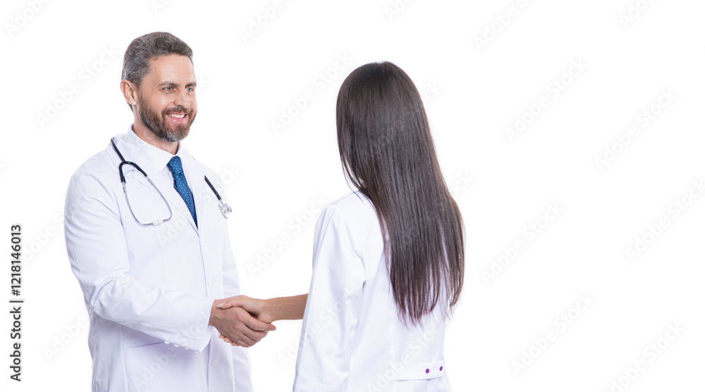 doctor handshake with nurse. two doctor shaking hands isolated on white. Handshake, agreement on patient health. hospital teamwork collaboration. successful treatment. Strong handshake doctor handshake with nurse. two doctor shaking hands isolated on white. Handshake, agreement on patient health. hospital teamwork collaboration. successful treatment. Strong handshake