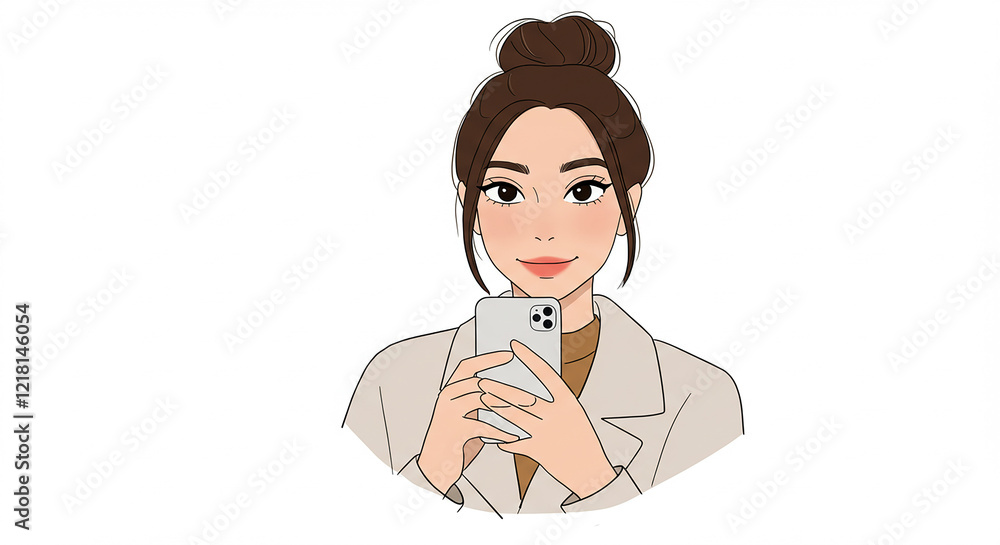 Stylish Young Woman with Bun Hairstyle Using Smartphone Modern Illustration Stylish Young Woman with Bun Hairstyle Using Smartphone Modern Illustration