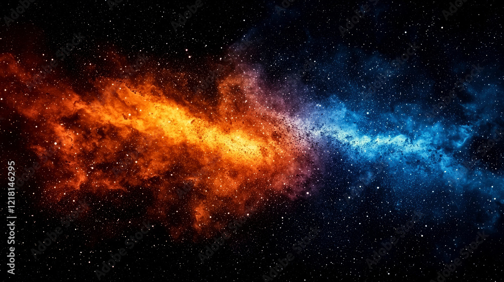 Fototapeta premium Cosmic Collision: A fiery orange and serene blue nebulae meet in a breathtaking celestial dance across the vast expanse of space.