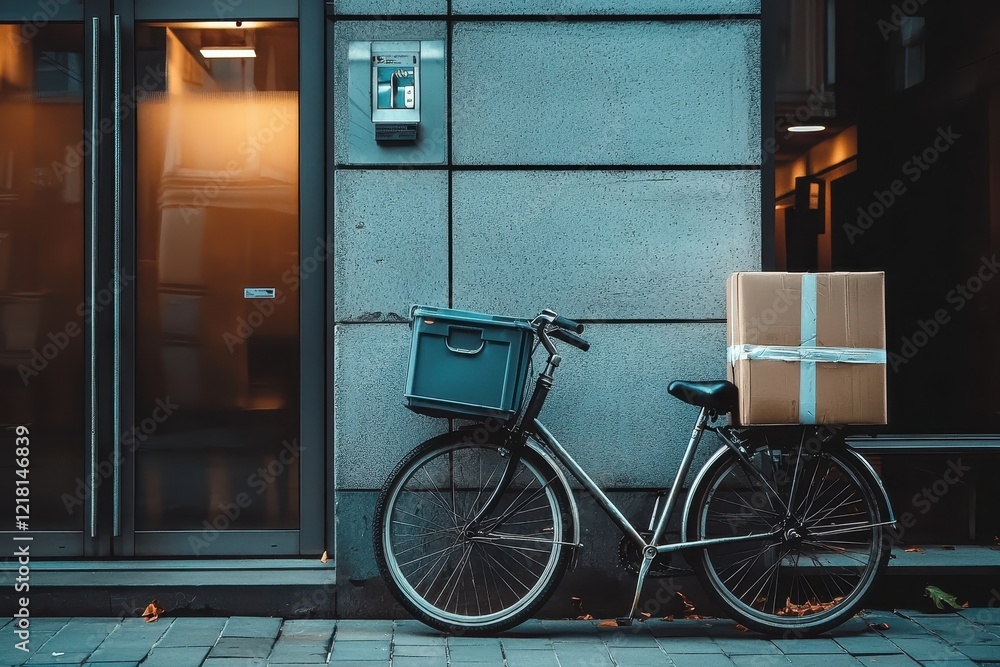 Delivery Bicycle with Box and Basket Leaning Against Modern Urban Building Wall Delivery Bicycle with Box and Basket Leaning Against Modern Urban Building Wall