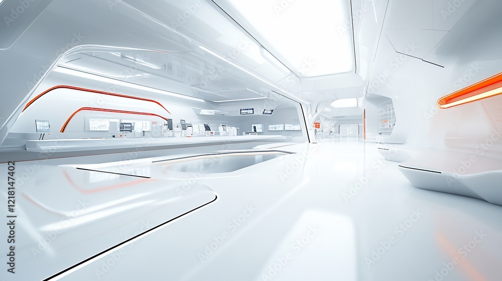 Fototapeta premium Futuristic white lab corridor, equipment, glowing lights, research