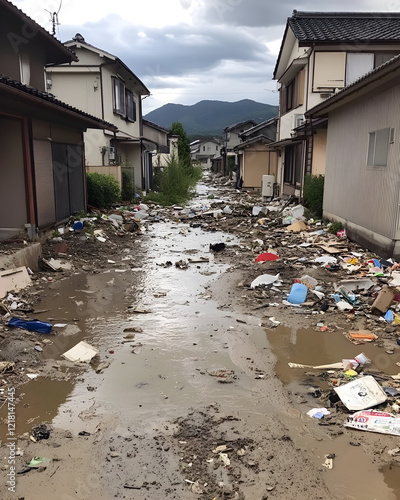The street is flooded with water, and the houses on both sides of it have been destroyed by an earthquake in Japan. The river has washed away all kinds of garbage from far and near, and there's 