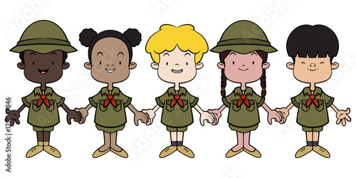 A Group of Student cartoon characters wearing boy scout uniform and holding hands. Best for sticker, logo, and mascot with educational themes for kids