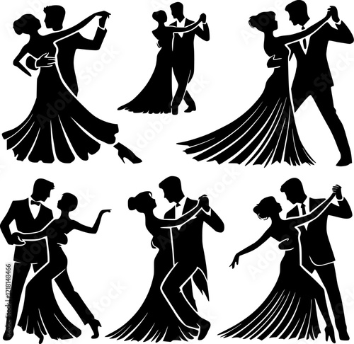 A collection of stylish silhouettes depicting couples engaged in various ballroom dance poses.