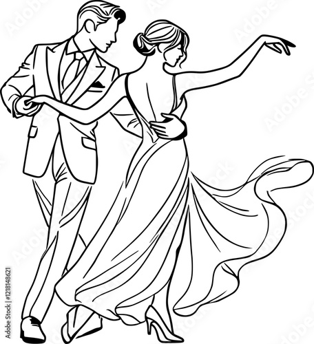 A stylized line art of a man and a woman dancing a romantic waltz.