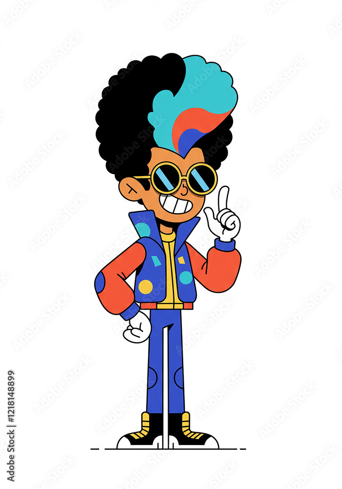 Fototapeta premium Cool Stylish Cartoon Boy Character with Afro Sunglasses and Retro Jacket