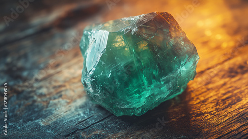 Raw alexandrite stone with natural shape and green color with slight red reflection, placed on a wooden table with natural lighting that emphasizes its texture and color changes,  photo