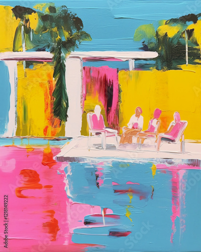contemporary painting of a 1960s Palm Springs house party with umbrellas, chairs, pool, and palm trees using muted pastel colors