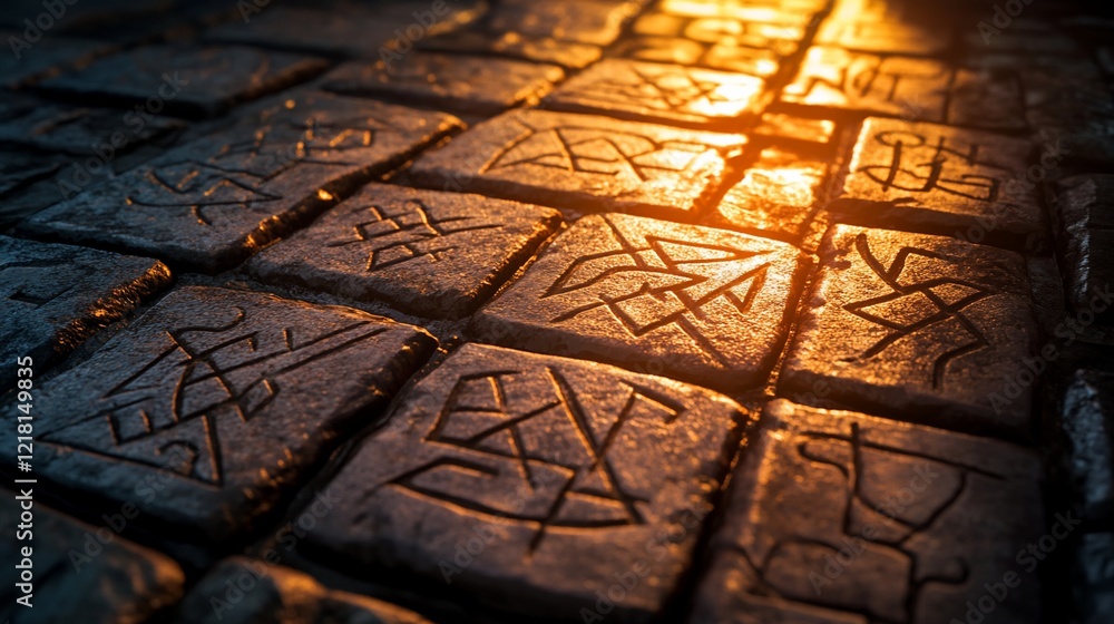 Fototapeta premium Ancient stone pathway glyphs sunset mystery game