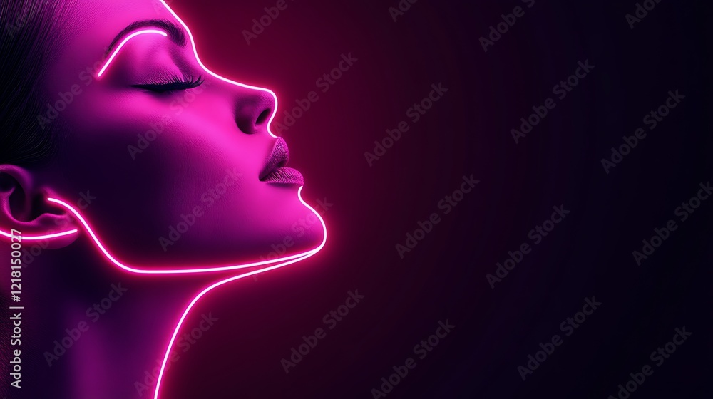 Neon Pink Light Outlines a Womans Face in Profile Neon Pink Light Outlines a Womans Face in Profile