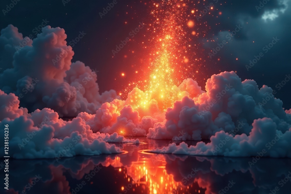 Fototapeta premium Sparkling embers suspended in mid-air amidst dark clouds, abstract, clouds, reflection